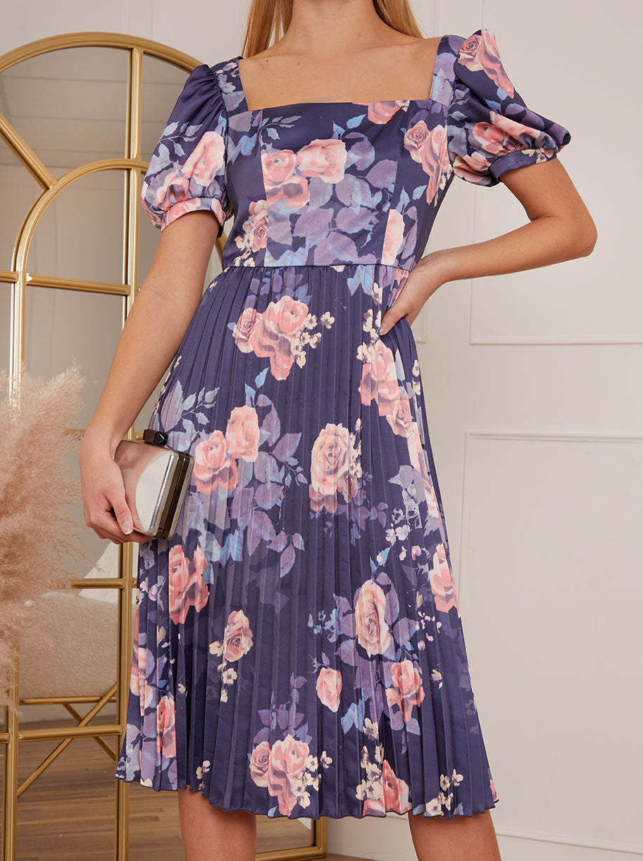 Petite Floral Print Pleated Midi Skater Dress in Navy