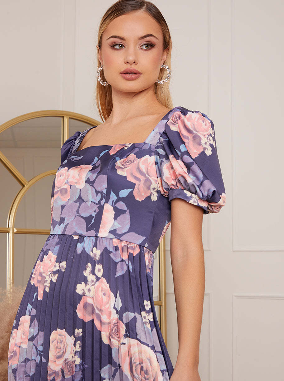 Petite Floral Print Pleated Midi Skater Dress in Navy