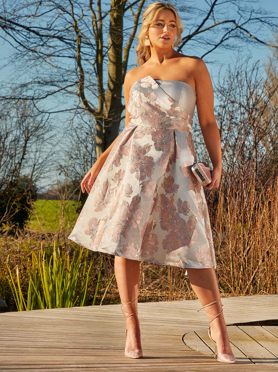 Plus Size Bandeau Floral Jacquard Midi Dress in Silver