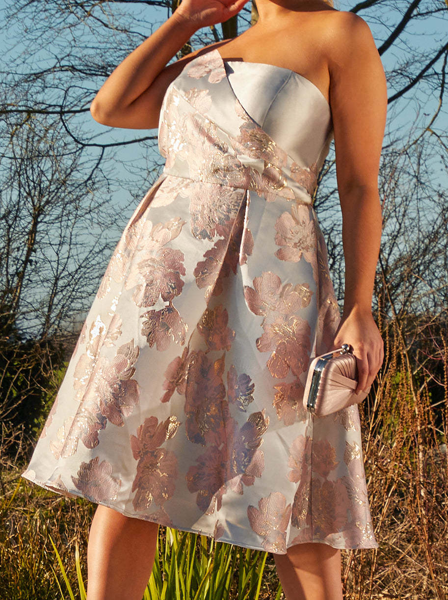 Plus Size Bandeau Floral Jacquard Midi Dress in Silver