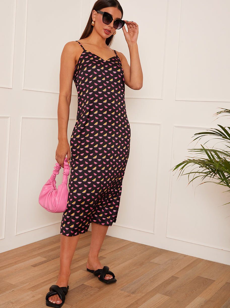 Watermelon Print Midi Slip Dress in Black