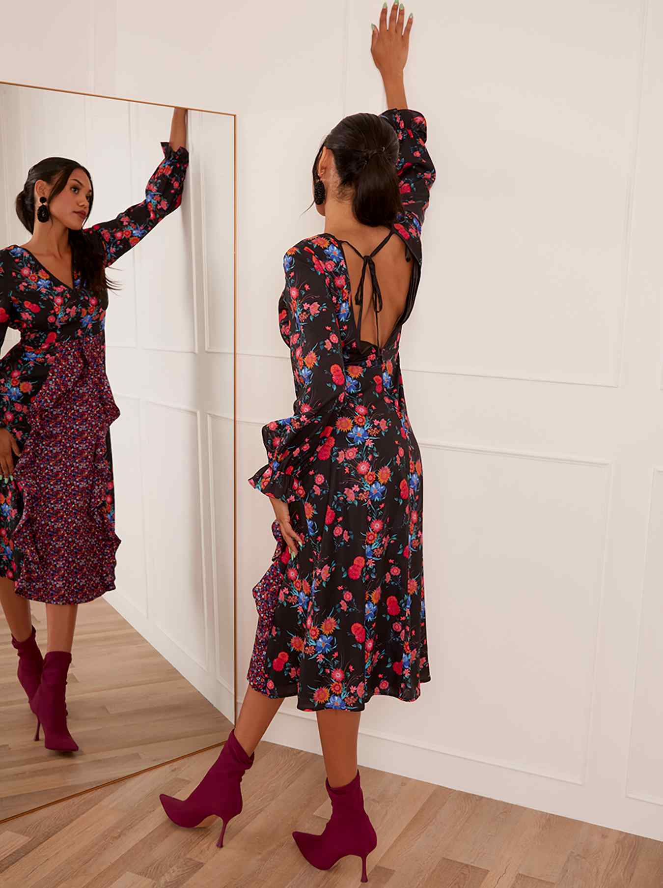 Long Sleeve Plunge Floral Printed Midi Dress in Black | Chi Chi London UK