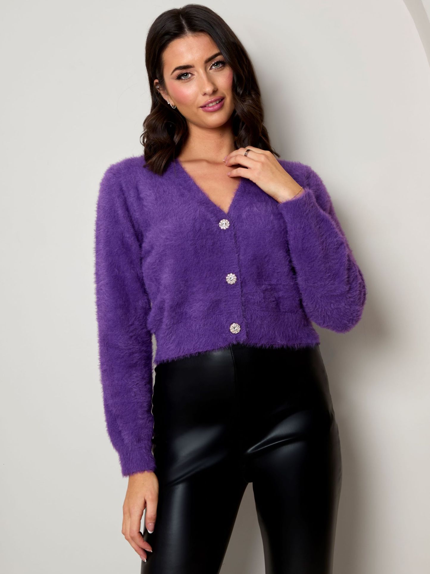 Fluffy Yarn Knitted Cardigan in Purple