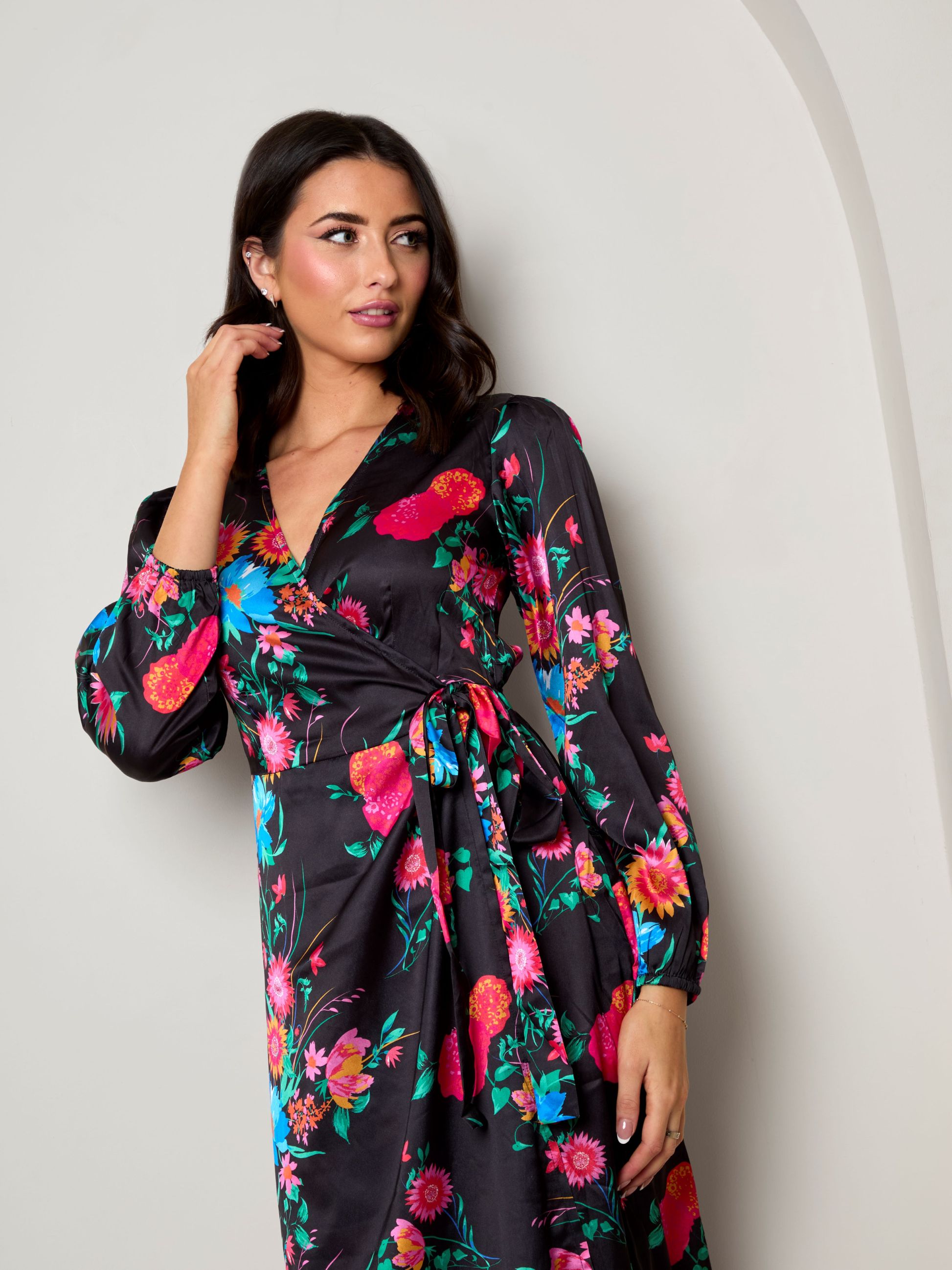 Long Sleeve Floral Wrap Dress in Black | Chi Chi London UK