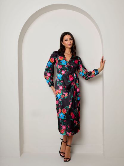 Plus Size Long Sleeve Floral Wrap Dress in Black