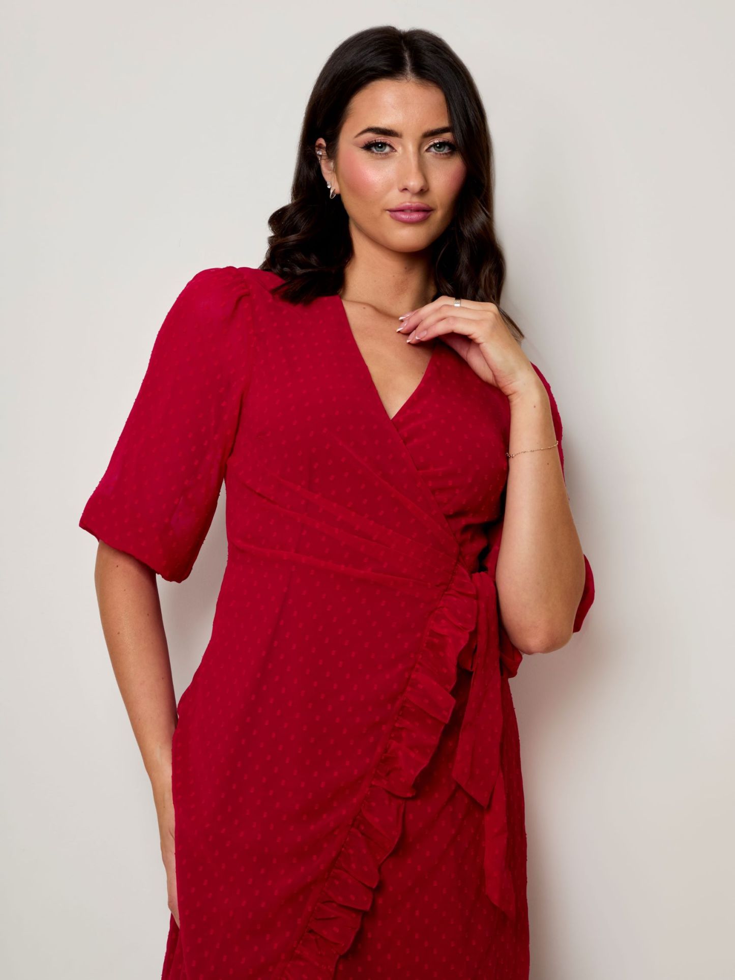 Puff Sleeve Dobby Ruffle Wrap Mini Dress in Red