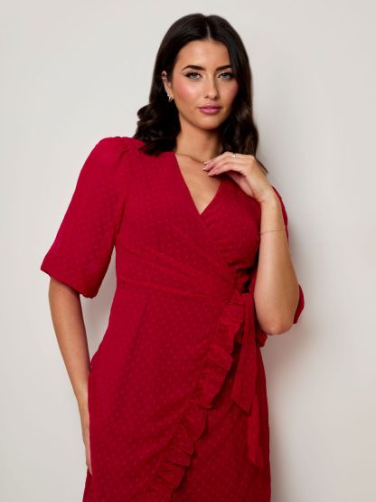 Puff Sleeve Dobby Ruffle Wrap Mini Dress in Red