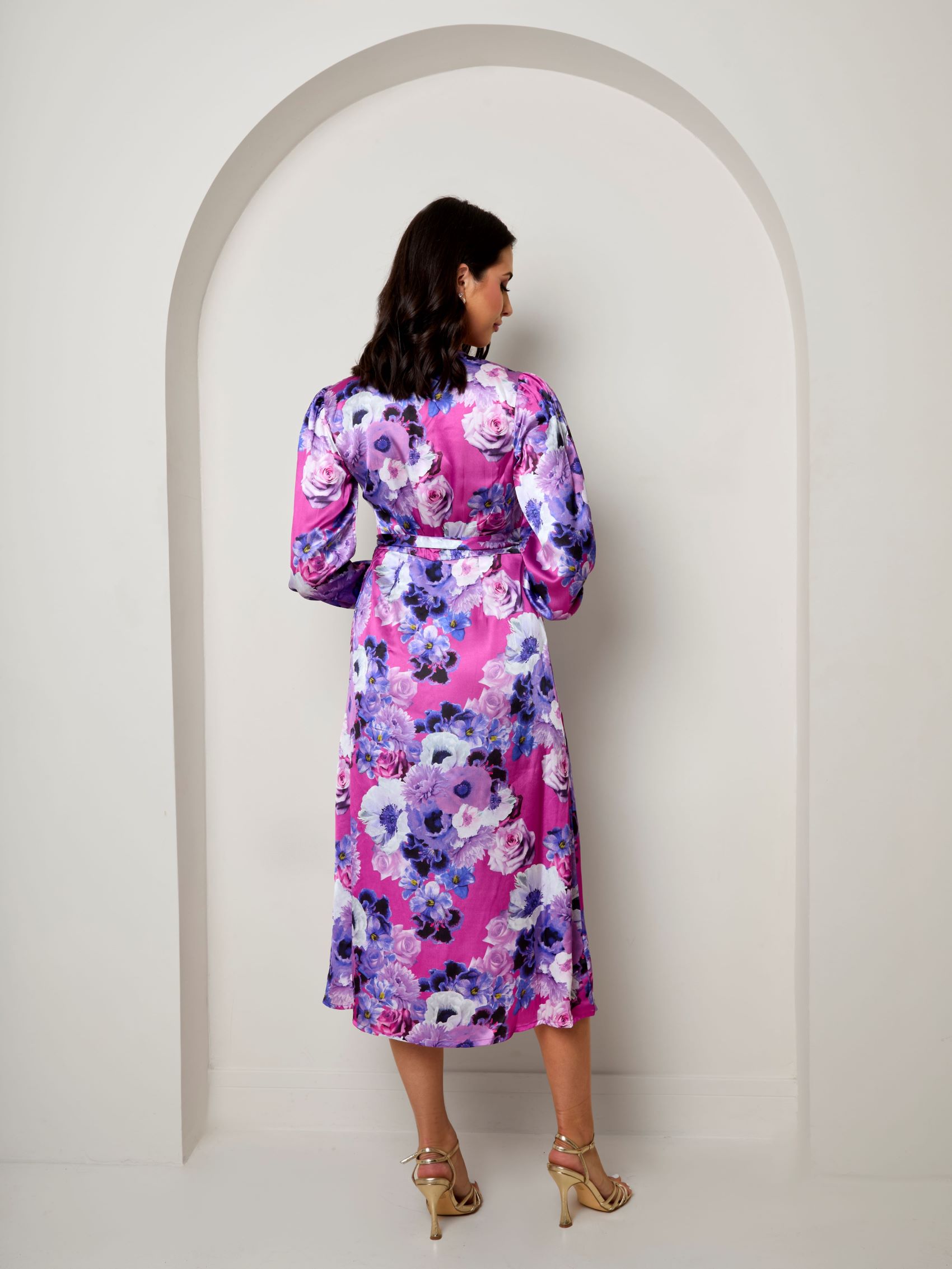 Long Sleeve Floral Wrap Dress in Purple