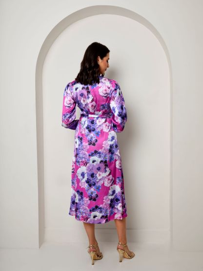 Plus Size Long Sleeve Floral Wrap Dress in Purple