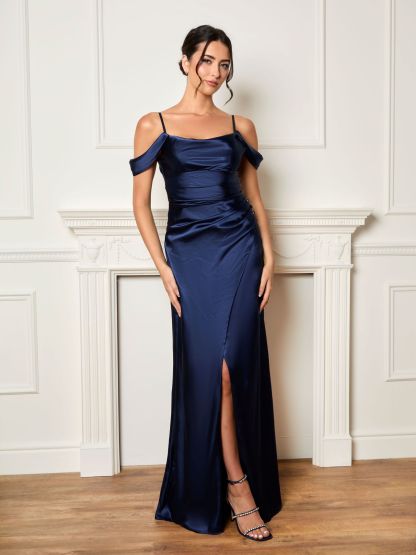 Cold Shoulder Satin Slip Maxi Dress in Navy