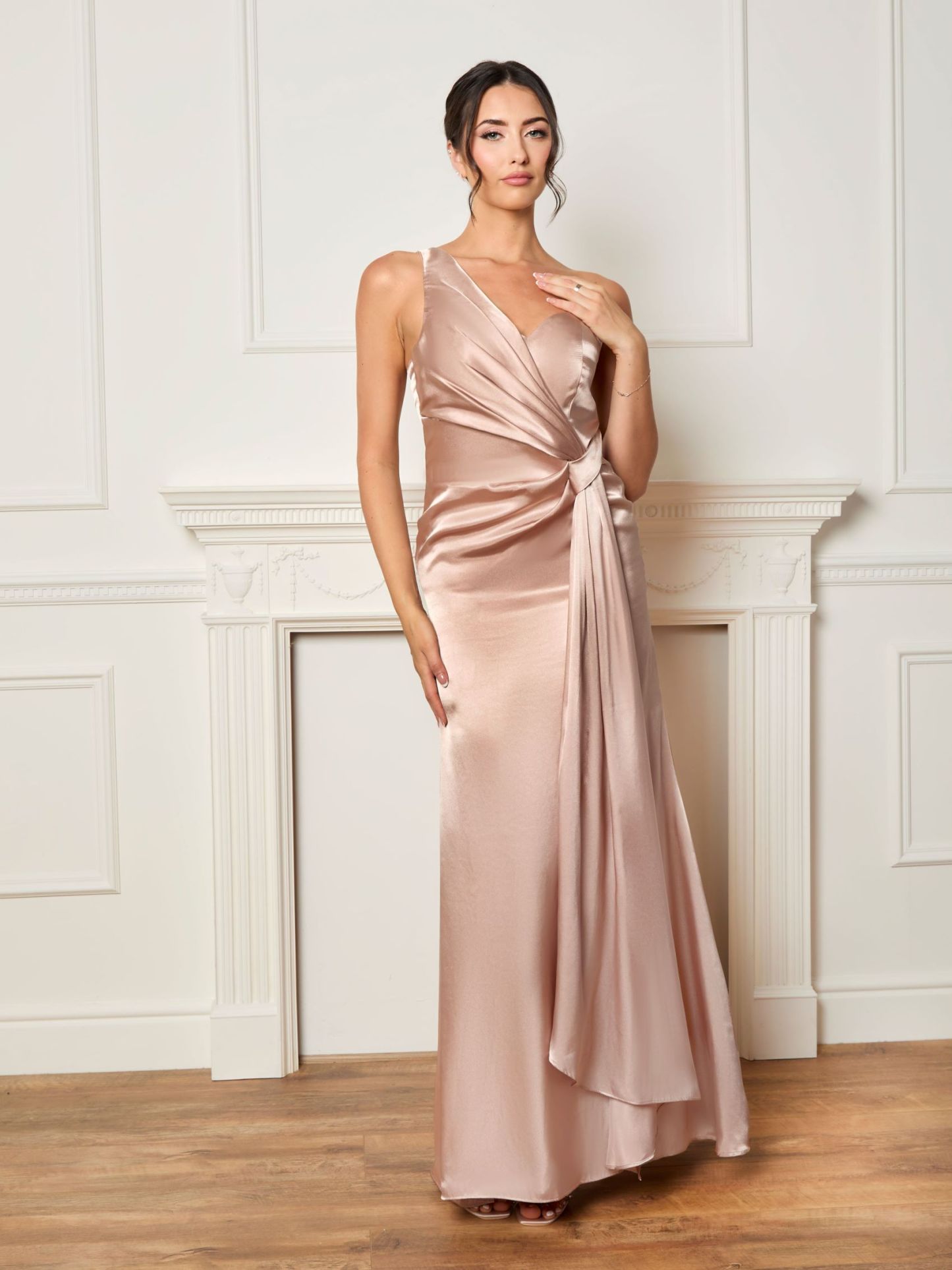 One Shoulder Satin Finish Maxi Dress in Champagne