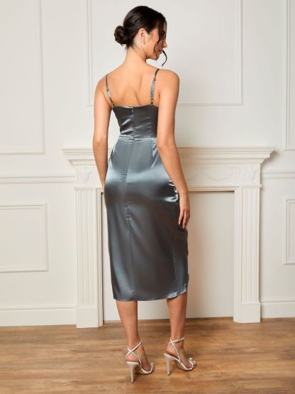 Cami Wrap Style Satin Midi Dress in Grey