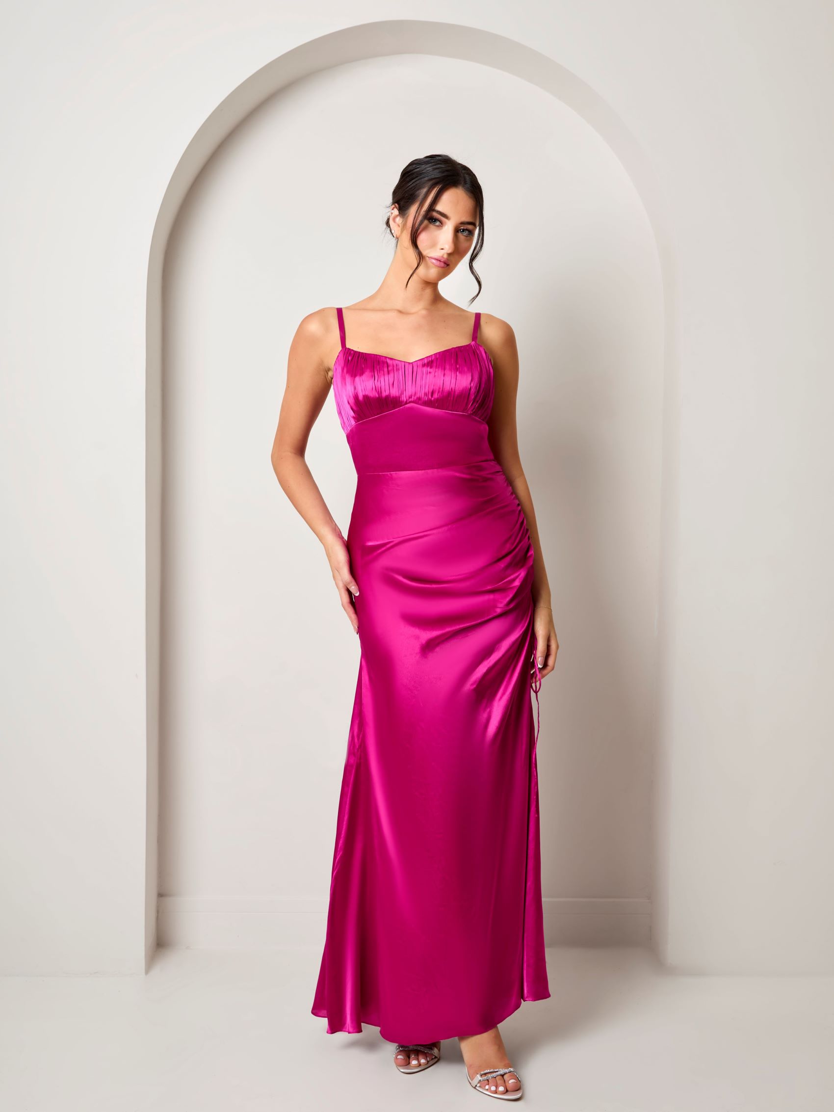 Ruched Bodice Satin Maxi Dress in Pink