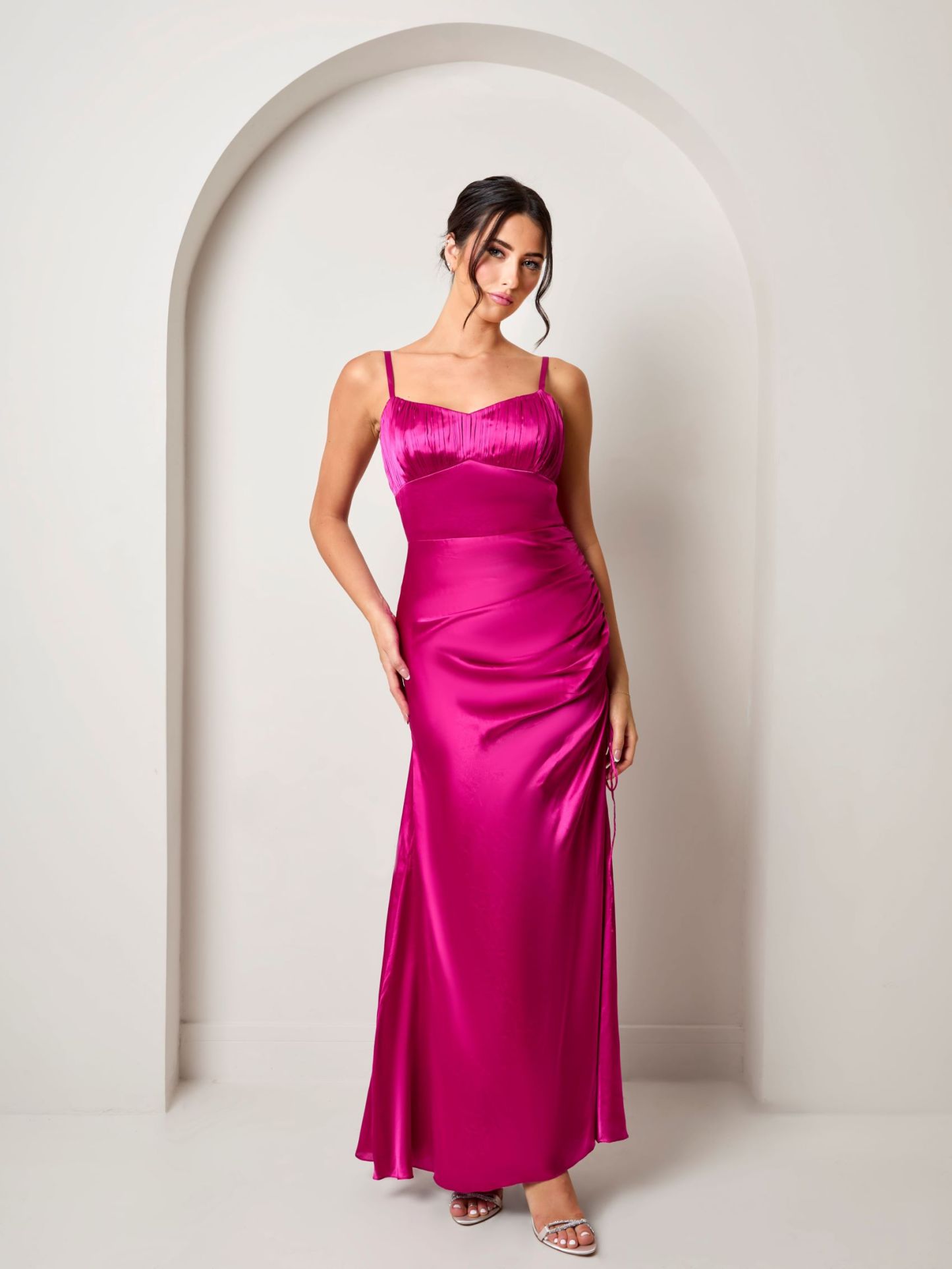 Ruched Bodice Satin Maxi Dress in Pink