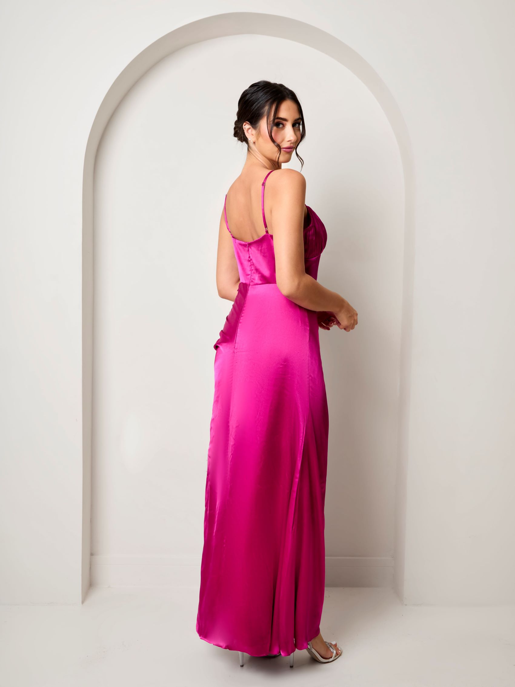 Ruched Bodice Satin Maxi Dress in Pink