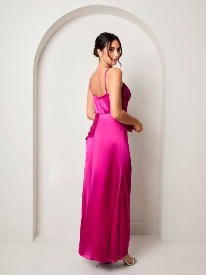 Ruched Bodice Satin Maxi Dress in Pink