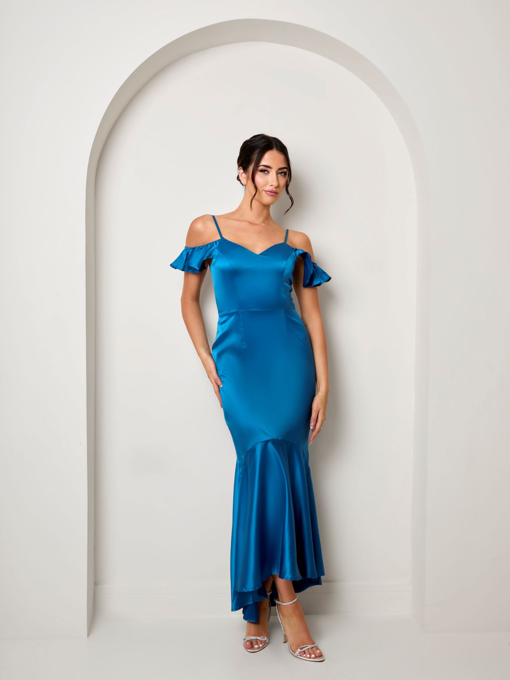 Satin Cami Strap Ruffle Detail Bodycon Dress in Teal