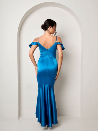 Satin Cami Strap Ruffle Detail Bodycon Dress in Teal