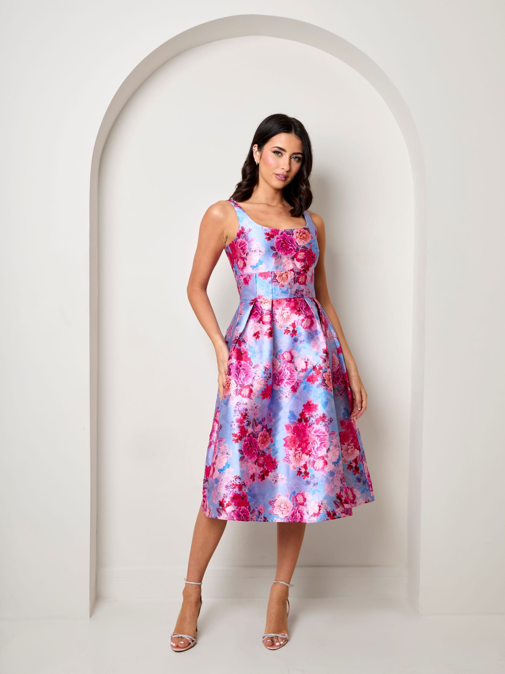 Sleeveless Floral Fit and Flare Midi Dress in Blue