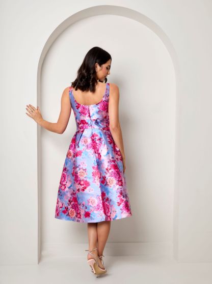 Sleeveless Floral Fit and Flare Midi Dress in Blue