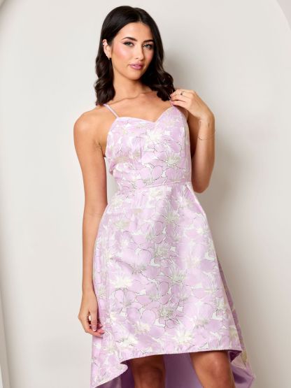 Cami Floral Jacquard Dip Hem Dress in Lilac