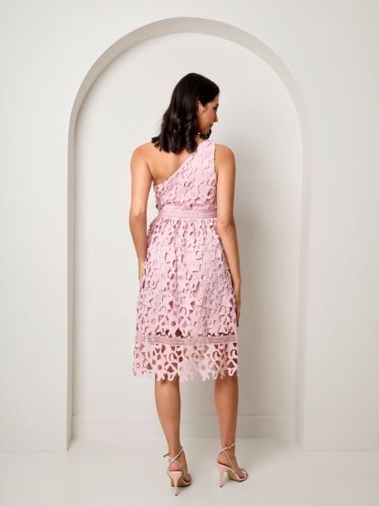 One Shoulder Premium Lace Midi Dress in Blush