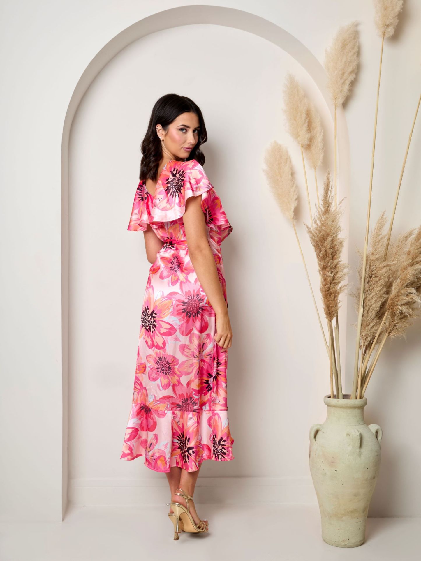 Flutter sleeve satin wrap dress in pink