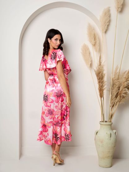 Flutter sleeve satin wrap dress in pink