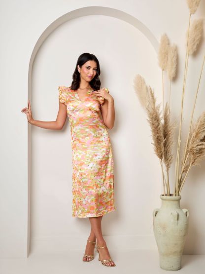 V Neck Abstract Foil Spot Print Midi Dress in Multi