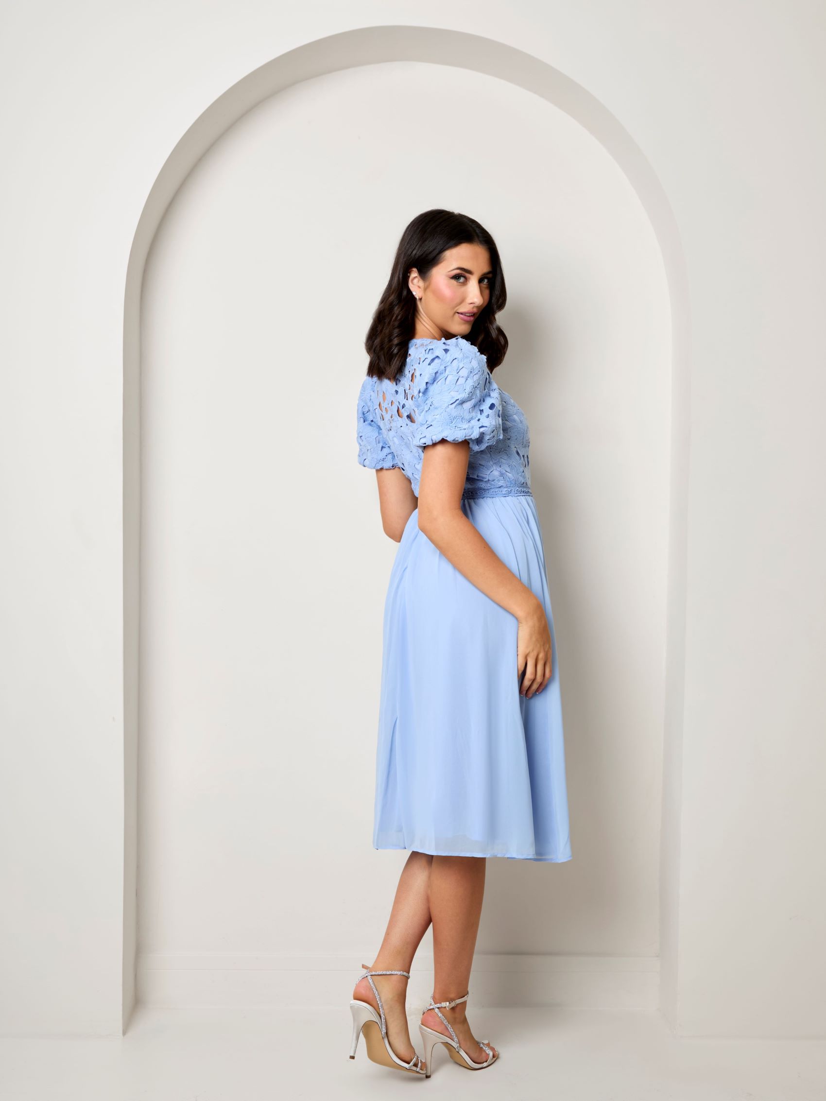 Puff Sleeve Premium Lace Midi Dress in Blue
