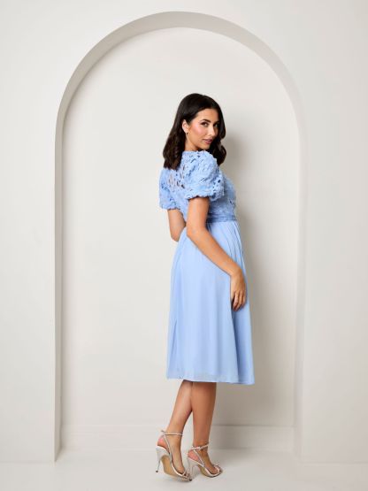 Puff Sleeve Premium Lace Midi Dress in Blue