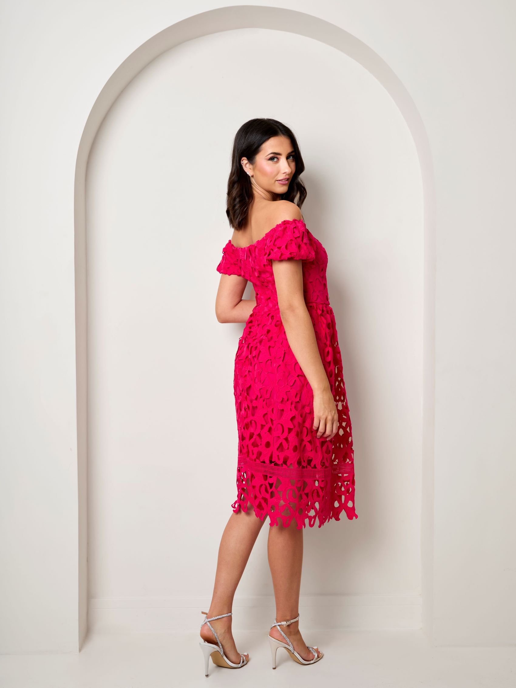 Bardot Premium Lace Fit and Flare Midi Dress in Hot Pink | Chi Chi London UK