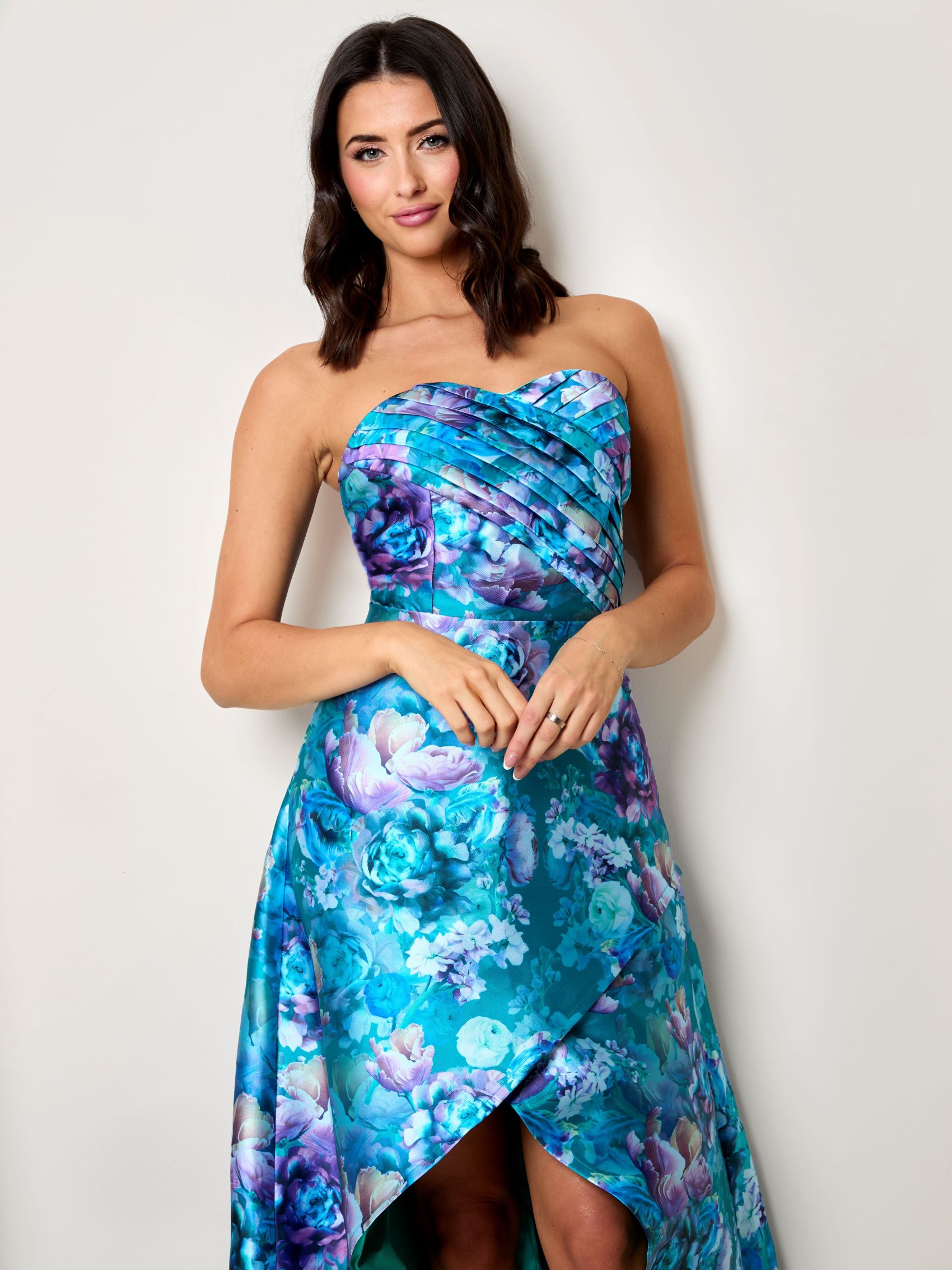 Bandeau Sweetheart Floral Wrap Detail Dip Hem Dress in Blue