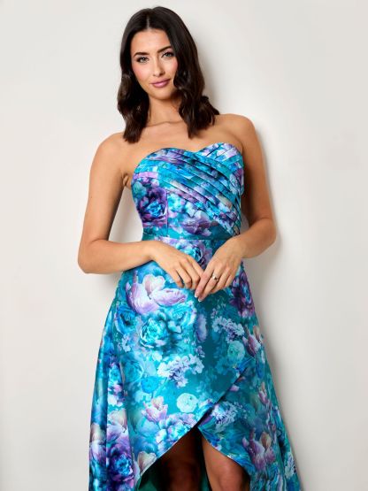 Bandeau Sweetheart Floral Wrap Detail Dip Hem Dress in Blue