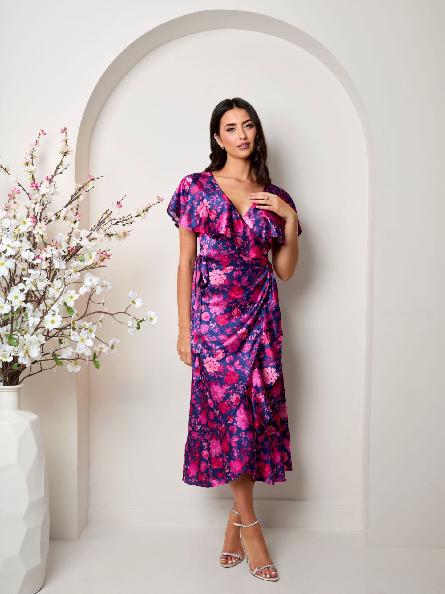 V Neck Floral Wrap Midi Dress in Multi
