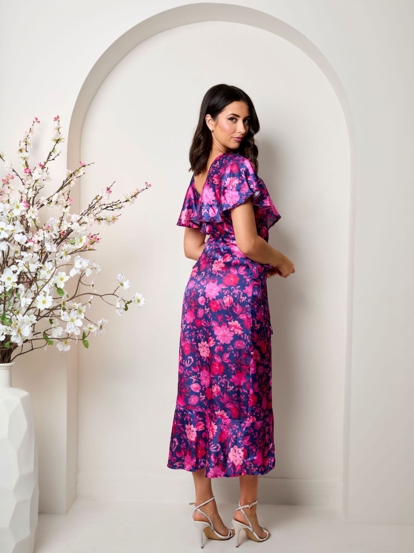 V Neck Floral Wrap Midi Dress in Multi