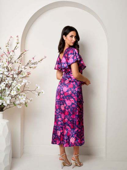 V Neck Floral Wrap Midi Dress in Multi