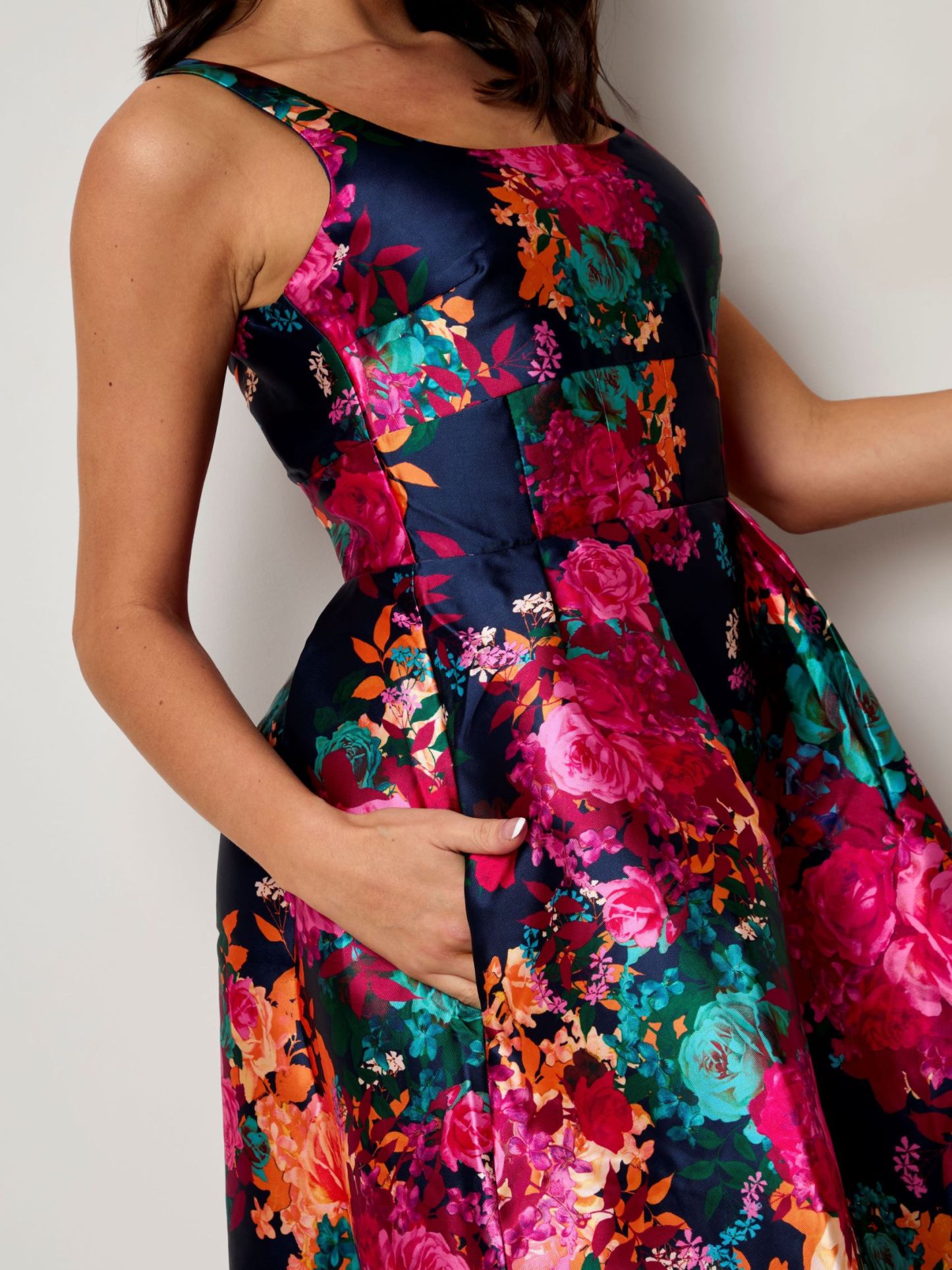 Sleeveless Floral Fit and Flare Midi Dress in Navy