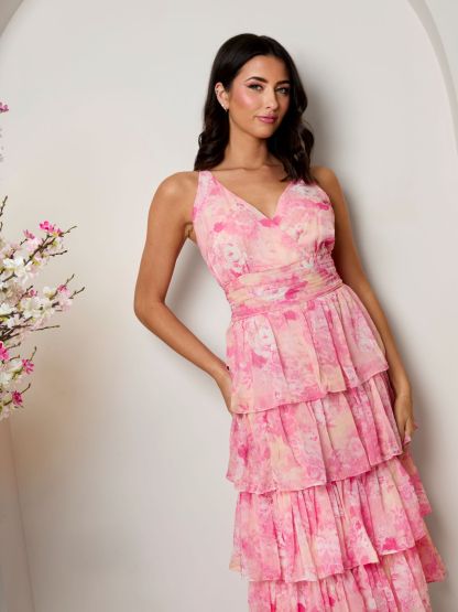Sleeveless Floral Print Midi Dress in Pink