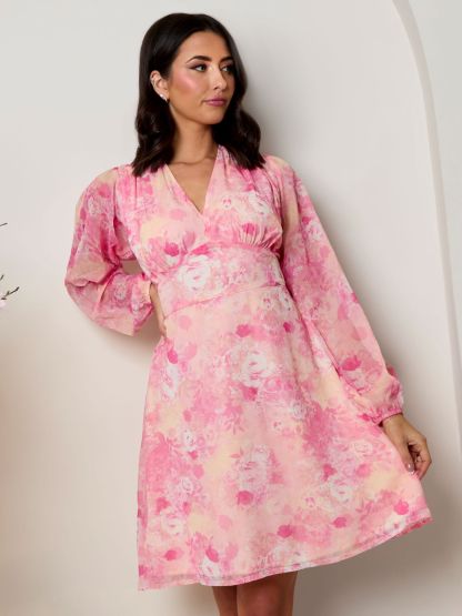 Long Sleeve Floral Mini Dress in Pink