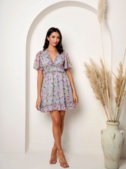 Short Sleeve Ruffle Mini Dress in Grey