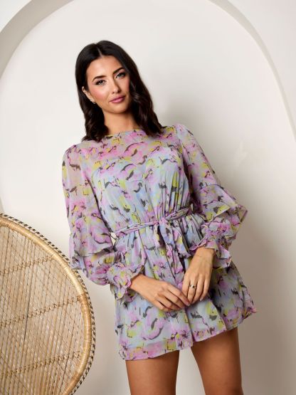 Long Sleeve Floral Playsuit in Grey