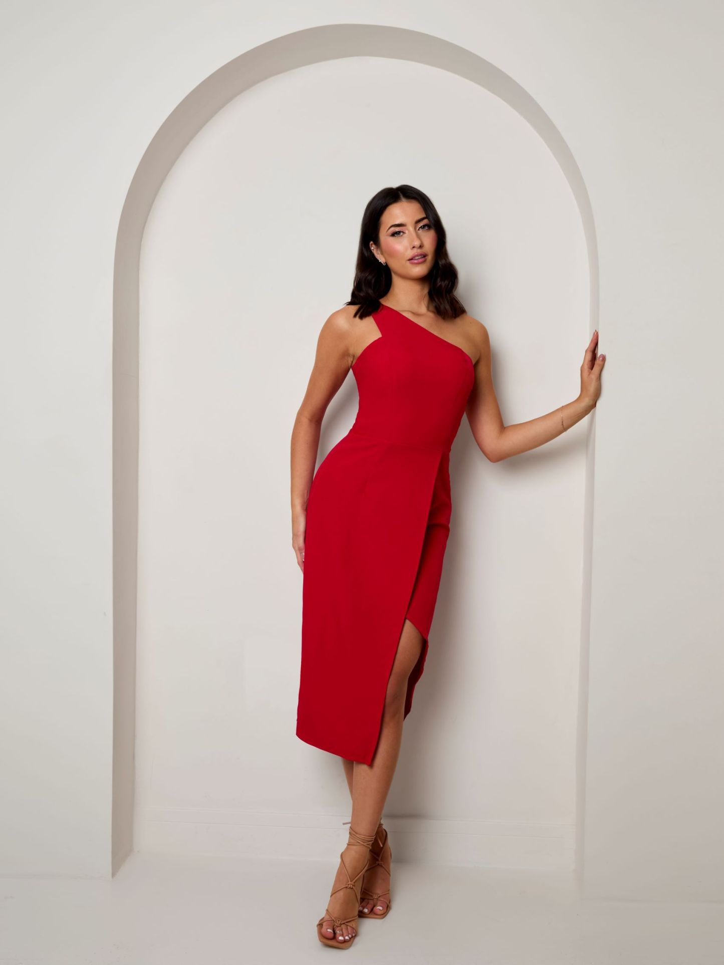 One Shoulder Split Detail Midi Dress in Red