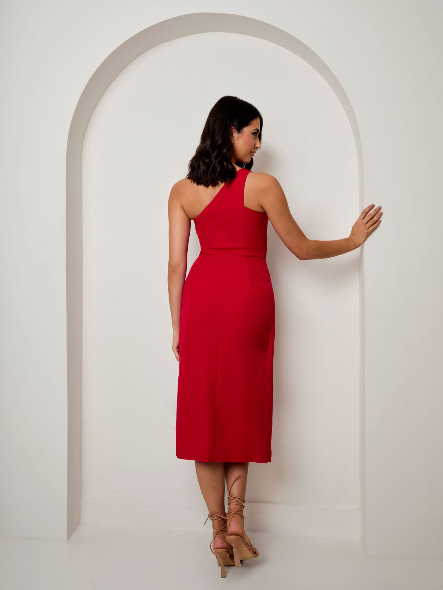 One Shoulder Split Detail Midi Dress in Red