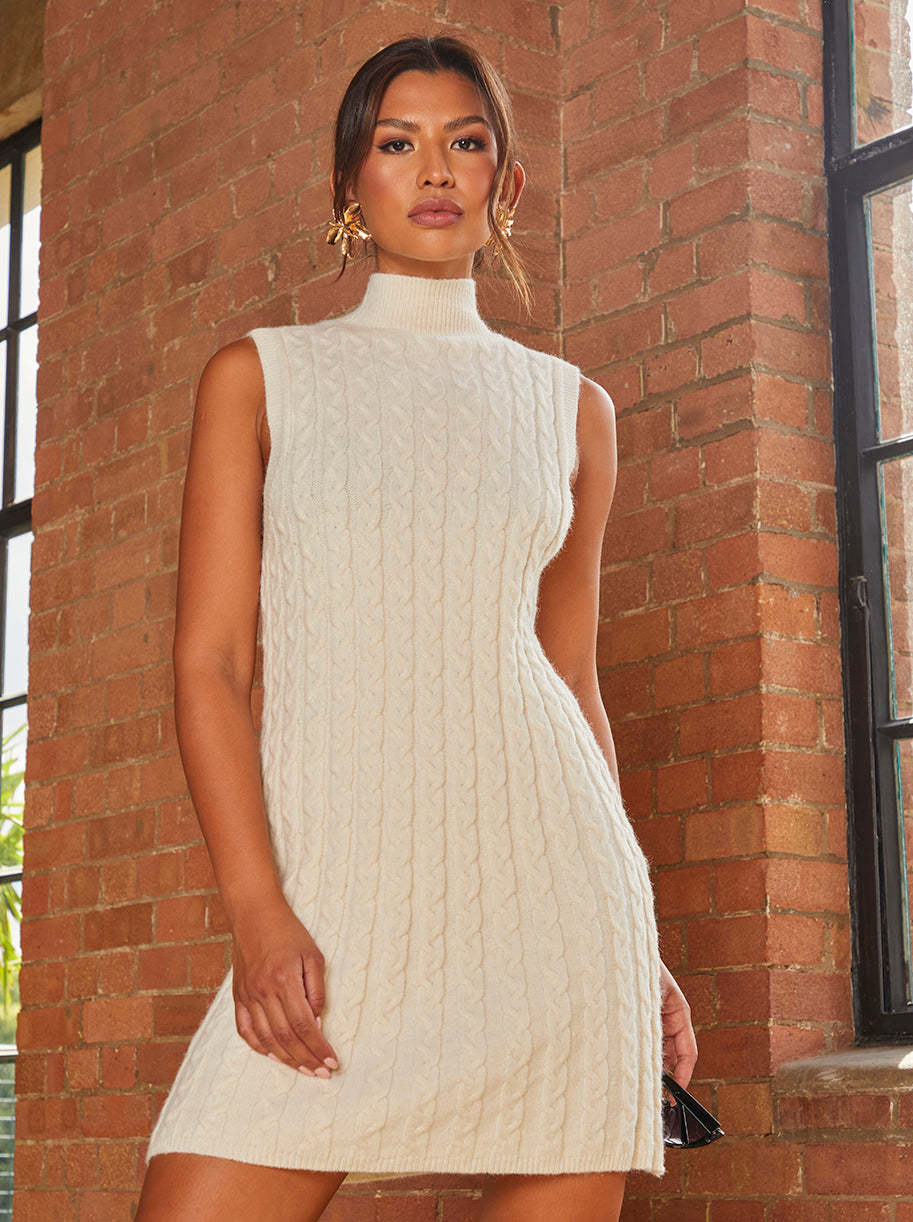 All-Over Knitted Cable High Neck Mini Dress in Cream