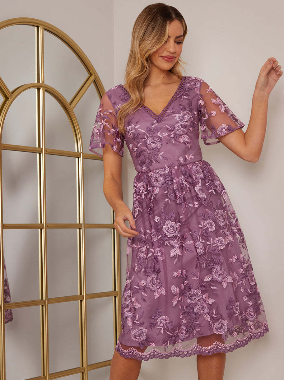 V Neck Embroidered Midi Dress in Purple