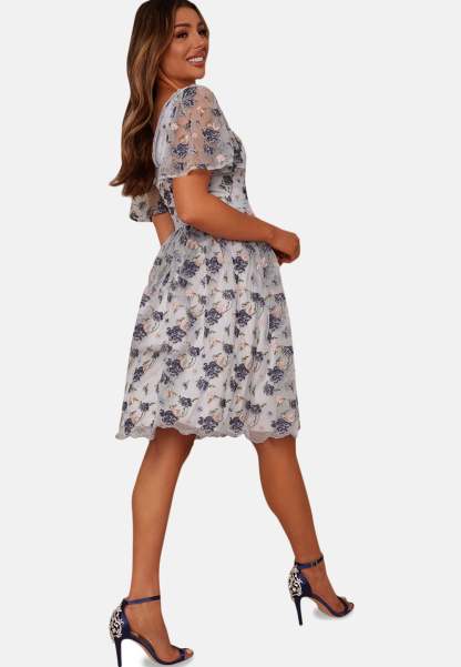V Neck Floral Embroidered Lace Midi Dress in Blue | Chi Chi London UK