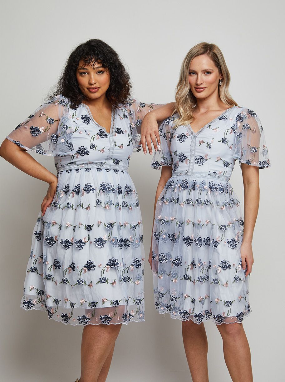 V Neck Floral Embroidered Lace Midi Dress in Blue Chi Chi London