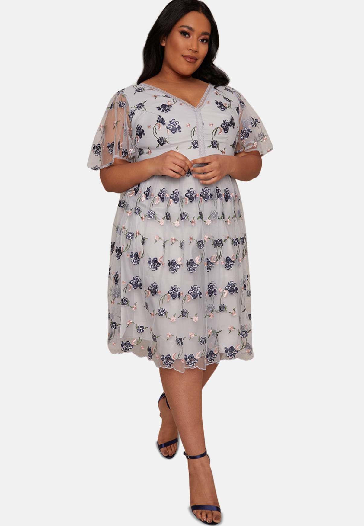 Lace and Chiffon Full Length Dress with V-neck Dark Green Plus Size
