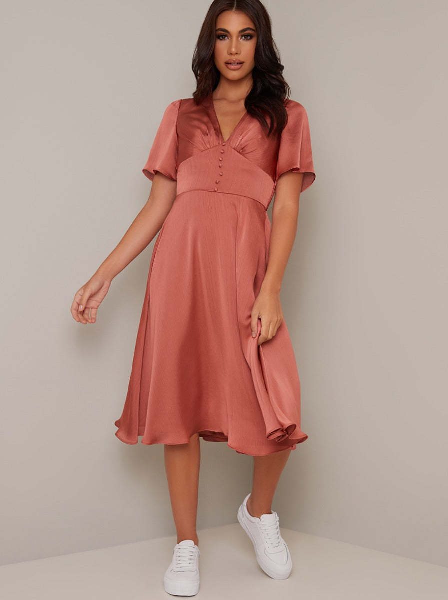 Ruffle Hem Cap Sleeve Silky Midi Dress in Orange